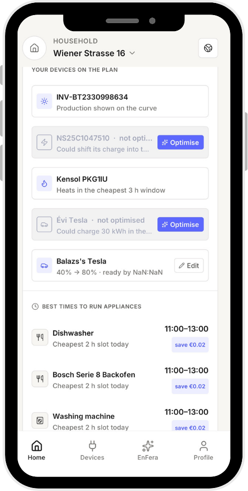 App-Ansicht: Tagesplan der Geräte